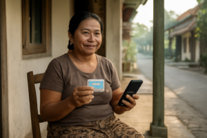 Warga memegang e-KTP dan ponsel untuk mengecek data sebelum mendaftar bansos online