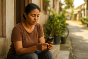 Ibu rumah tangga mengecek status penerima bansos lewat HP di depan rumah