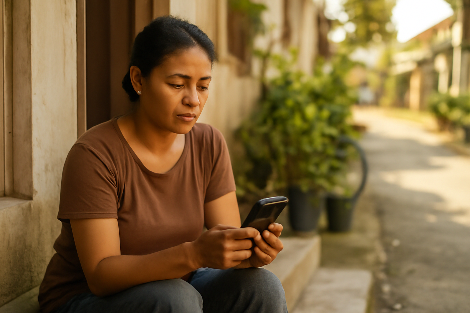 Ibu rumah tangga mengecek status penerima bansos lewat HP di depan rumah