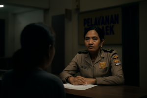 Petugas kepolisian mendengarkan pengaduan seorang perempuan di meja layanan