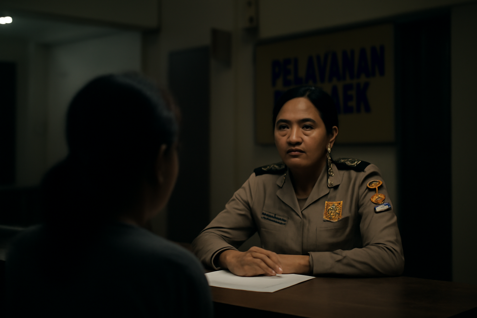 Petugas kepolisian mendengarkan pengaduan seorang perempuan di meja layanan