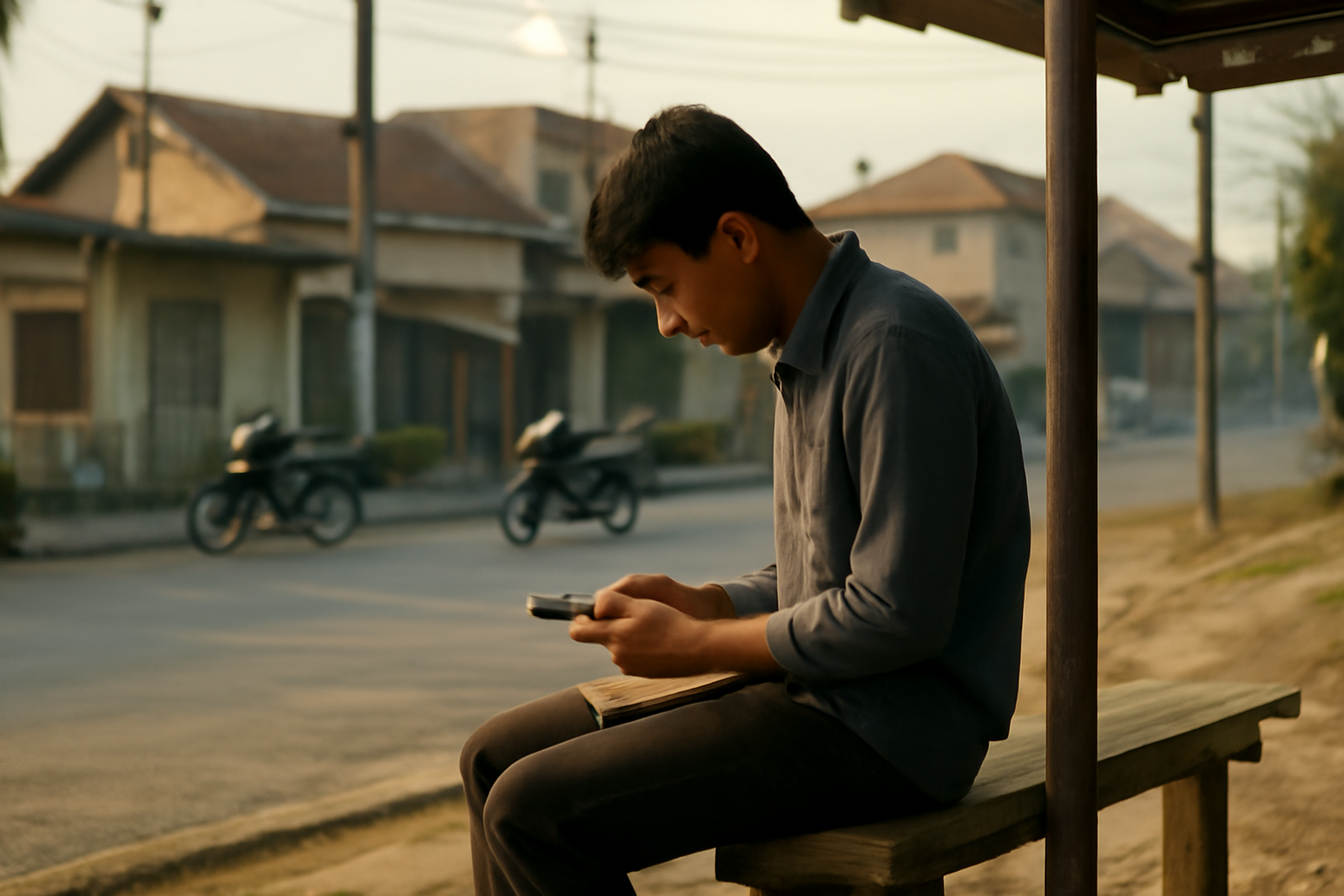 Warga duduk di halte sambil memeriksa ponsel dan mencatat informasi berita daerah