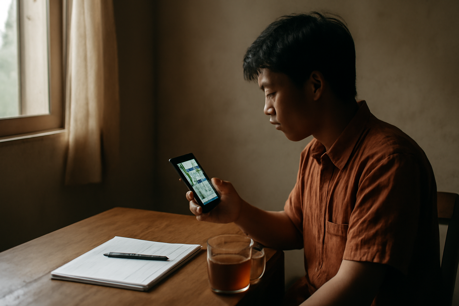 Seorang pemula membaca berita Indonesia di ponsel sambil mencatat poin penting