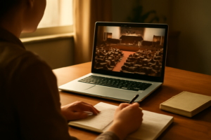 Seseorang mencatat poin penting sambil menonton siaran sidang parlemen di laptop