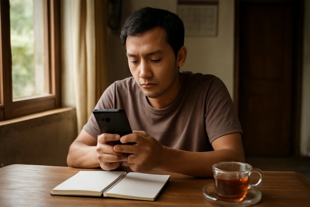 Seseorang memeriksa informasi di ponsel sebelum meneruskan pesan