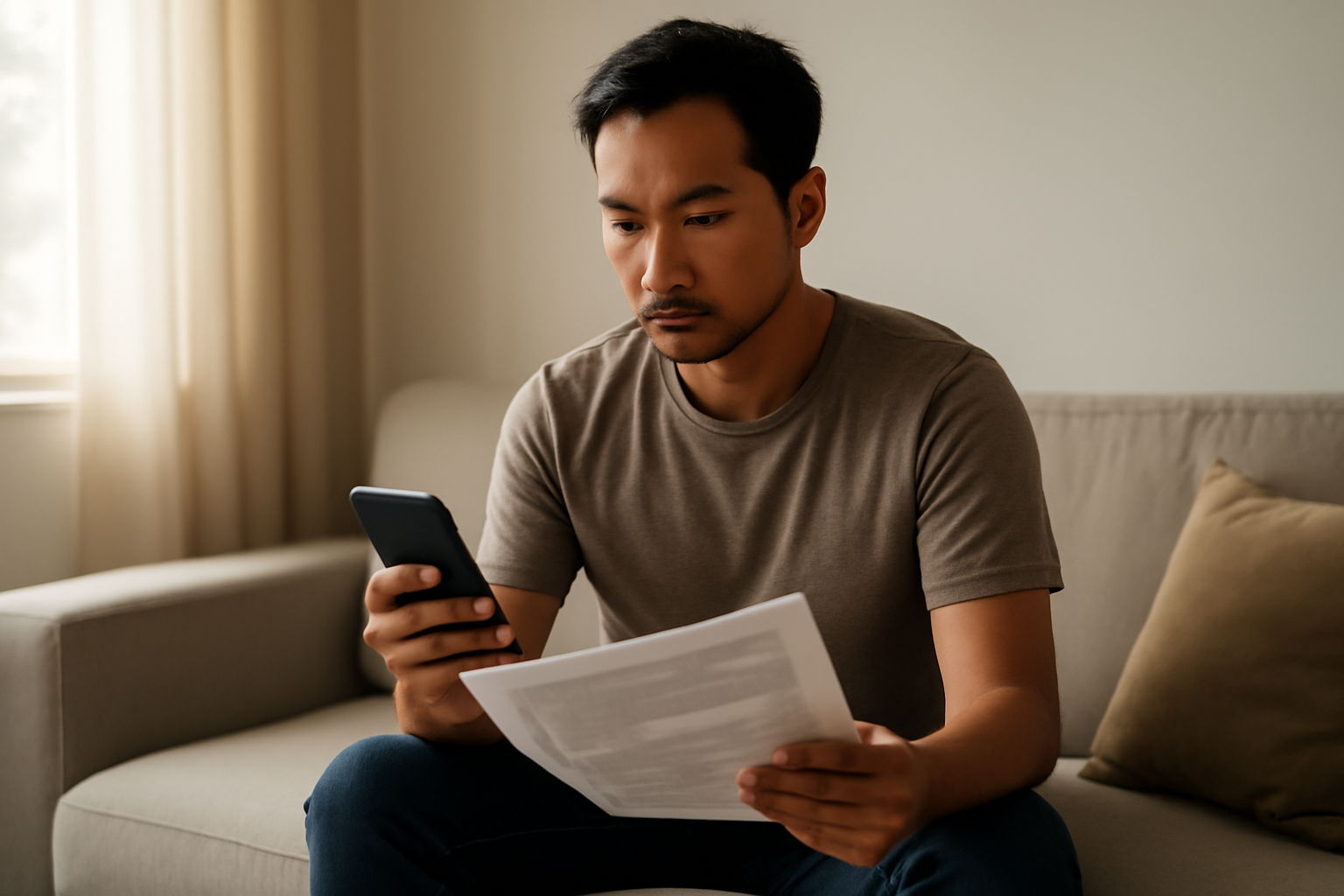 Seseorang menyiapkan dokumen dan membuka aplikasi layanan Polri di ponsel untuk mengurus SKCK online